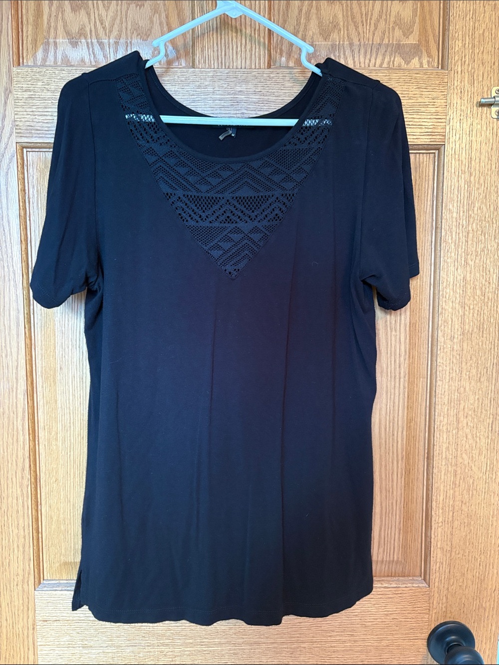 Black Short Sleeve Tee with Lace Triangle Yoke